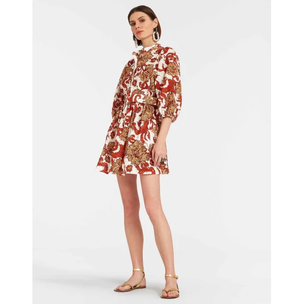La DoubleJ Mini Swing Dress Florette Tiles Ecru in Cotton Mix Jacquard With Scallop - Dresses - Milanese Maximalist Fashion at Coveti