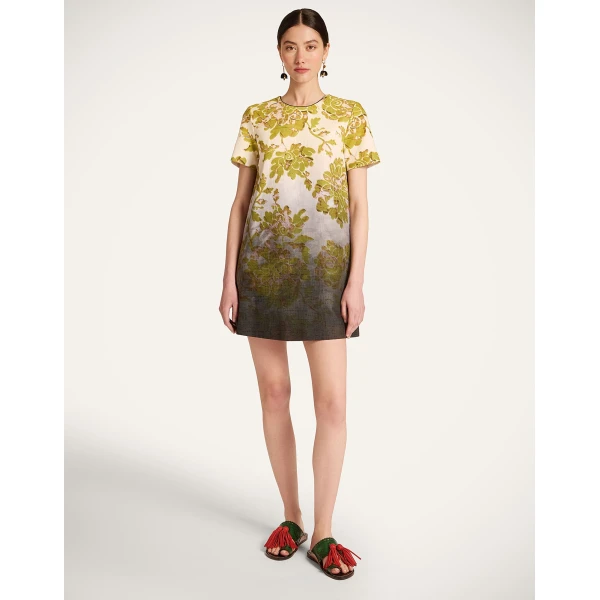 La DoubleJ Mini Swing Dress Oasis Ombré Placée Green & Black in Rustic Cotton - Dresses - Milanese Maximalist Fashion at Coveti