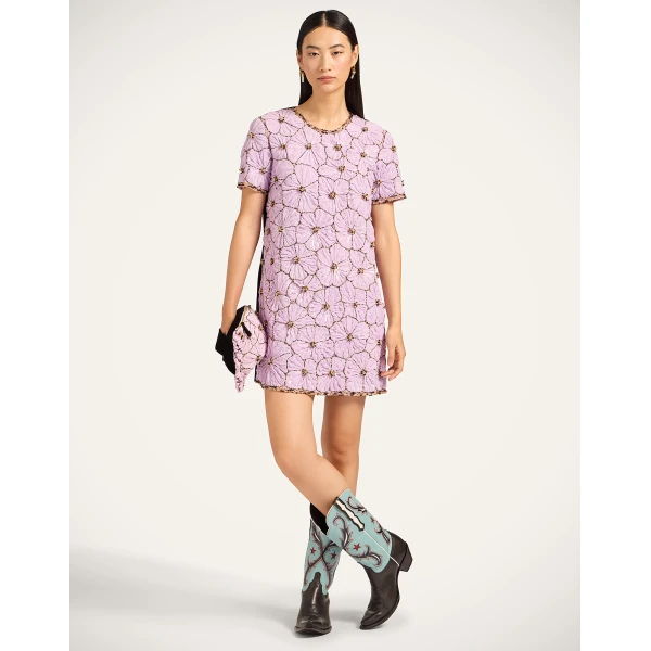 La DoubleJ Mini Swing Dress Solid Lilac in Crystal Chiffon Embroidery - Dresses - Milanese Maximalist Fashion at Coveti