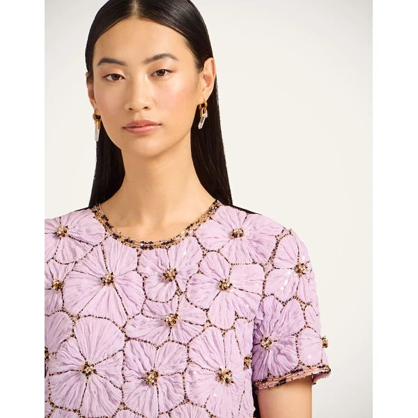 La DoubleJ Mini Swing Dress Solid Lilac in Crystal Chiffon Embroidery - Dresses - Milanese Maximalist Fashion at Coveti