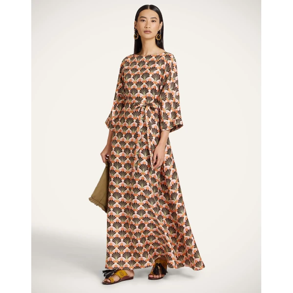 La DoubleJ Muumuu Dress Round Neck Florette Fan Brown in Silk Twill - Dresses - Milanese Maximalist Fashion at Coveti