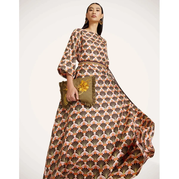 La DoubleJ Muumuu Dress Round Neck Florette Fan Brown in Silk Twill - Dresses - Milanese Maximalist Fashion at Coveti