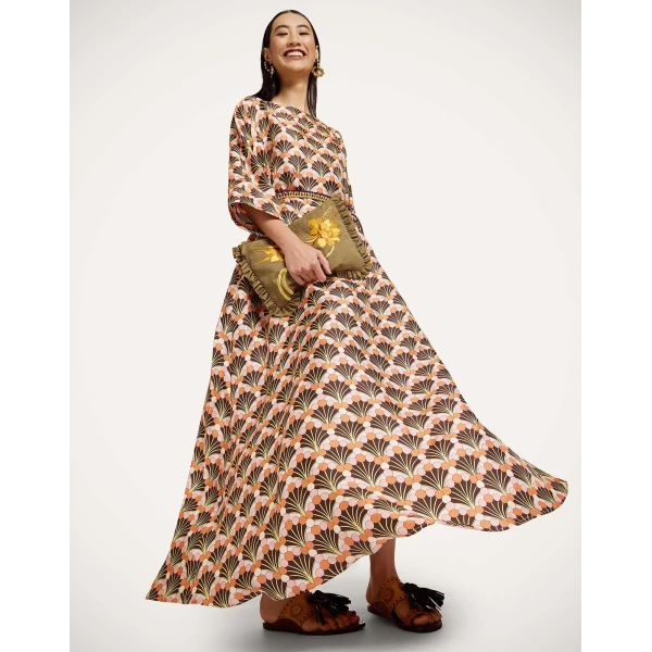La DoubleJ Muumuu Dress Round Neck Florette Fan Brown in Silk Twill - Dresses - Milanese Maximalist Fashion at Coveti