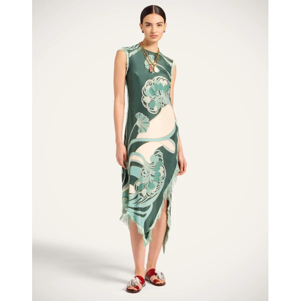 La DoubleJ Scarf Dress Blooming Tulip Placée Dark Green in Silk Voile - Dresses - Milanese Maximalist Fashion at Coveti