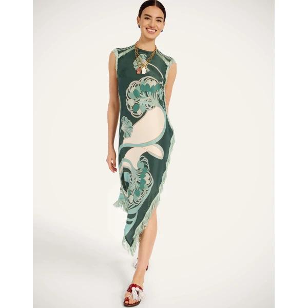 La DoubleJ Scarf Dress Blooming Tulip Placée Dark Green in Silk Voile - Dresses - Milanese Maximalist Fashion at Coveti