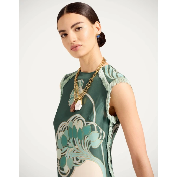 La DoubleJ Scarf Dress Blooming Tulip Placée Dark Green in Silk Voile - Dresses - Milanese Maximalist Fashion at Coveti