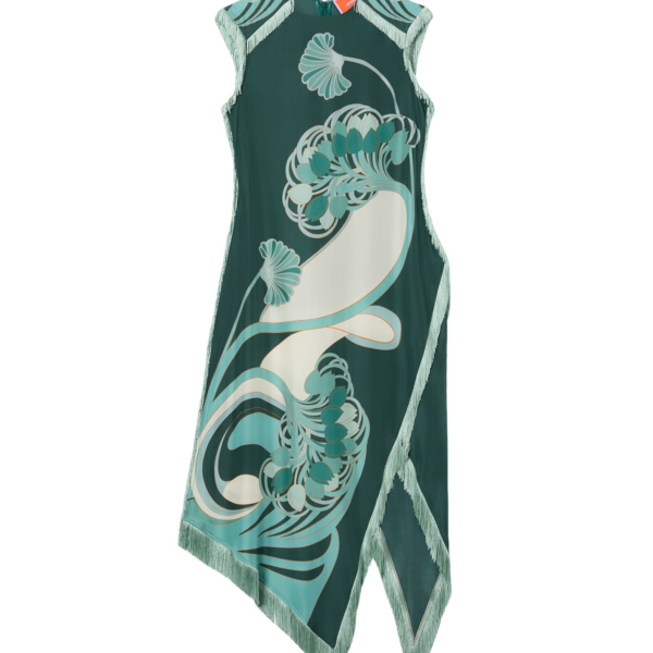 La DoubleJ Scarf Dress Blooming Tulip Placée Dark Green in Silk Voile - Dresses - Milanese Maximalist Fashion at Coveti