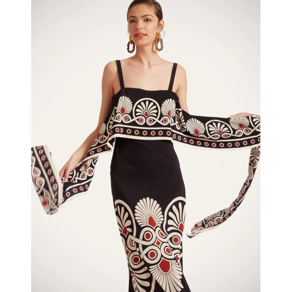 La DoubleJ Slip-Around Dress Medallion Placée Black in Crepe De Chine - Dresses - Milanese Maximalist Fashion at Coveti