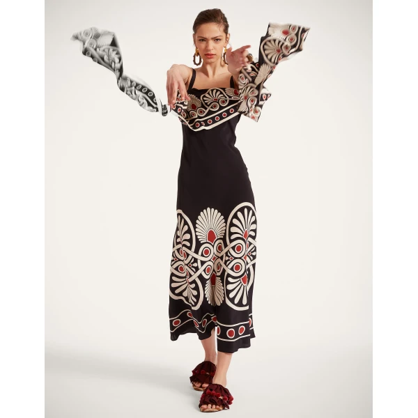 La DoubleJ Slip-Around Dress Medallion Placée Black in Crepe De Chine - Dresses - Milanese Maximalist Fashion at Coveti