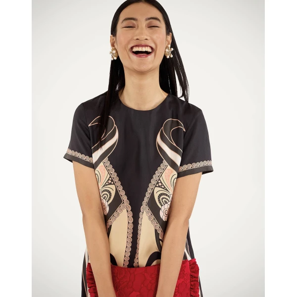 La DoubleJ Sorella Dress Florette Fan Brown in Flowy Jersey - Dresses - Milanese Maximalist Fashion at Coveti