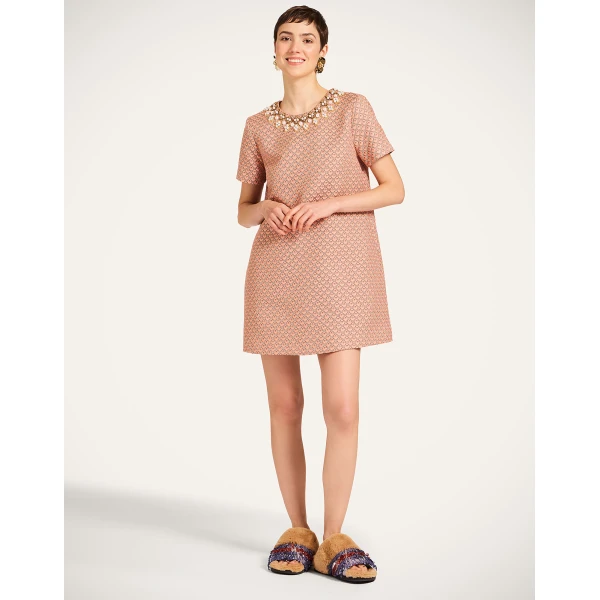 La DoubleJ Sporty Swing Dress Zooflora Burgundy in Cotton Jersey - Dresses - Milanese Maximalist Fashion at Coveti