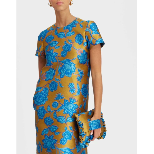 La DoubleJ Swing Dress Hottie Turquoise in Jacquard - Dresses - Milanese Maximalist Fashion at Coveti