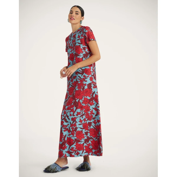 La DoubleJ Swing Dress Lilium Turchese in Silk Twill - Dresses - Milanese Maximalist Fashion at Coveti