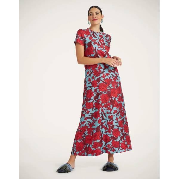 La DoubleJ Swing Dress Lilium Turchese in Silk Twill - Dresses - Milanese Maximalist Fashion at Coveti