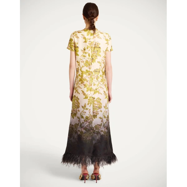 La DoubleJ Swing Dress Oasis Ombré Placée Green & Black in Silk Twill With Feathers - Dresses - Milanese Maximalist Fashion at Coveti