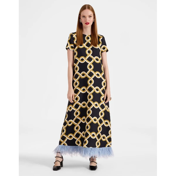 La DoubleJ Swing Dress Tackle Black in Silk Twill With Feathers - Dresses - Milanese Maximalist Fashion at Coveti