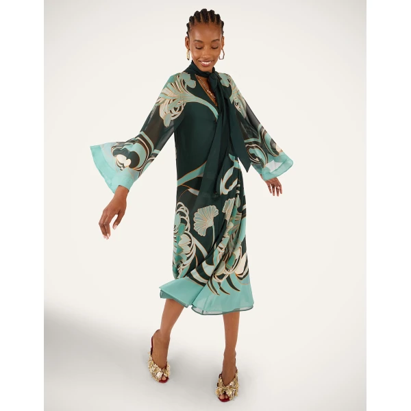 La DoubleJ Swing Dress (With Feathers) Winter Jasmine in Twill Silk - Dresses - Milanese Maximalist Fashion at Coveti