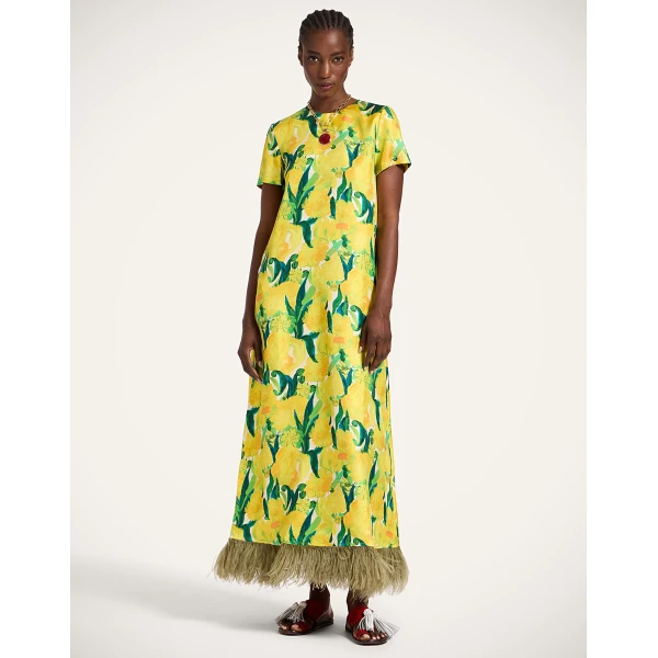 La DoubleJ Swing Dress Zesty Yellow in Silk Twill With Feathers - Dresses - Milanese Maximalist Fashion at Coveti