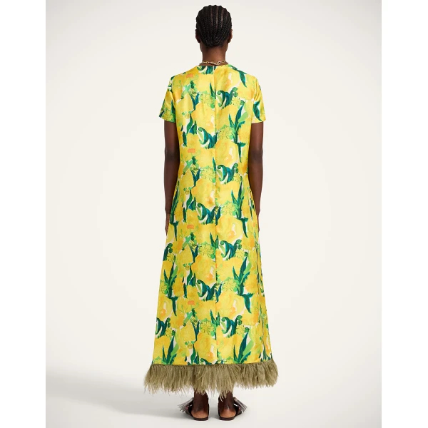 La DoubleJ Swing Dress Zesty Yellow in Silk Twill With Feathers - Dresses - Milanese Maximalist Fashion at Coveti
