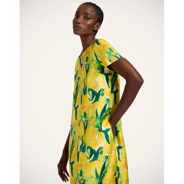 La DoubleJ Swing Dress Zesty Yellow in Silk Twill With Feathers - Dresses - Milanese Maximalist Fashion at Coveti