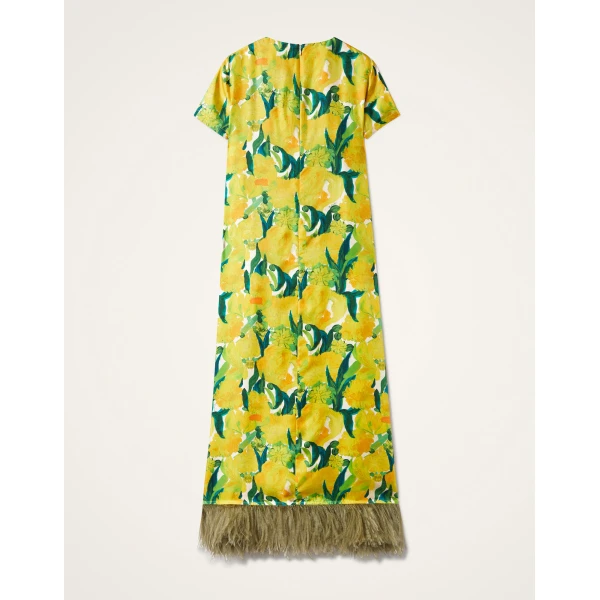 La DoubleJ Swing Dress Zesty Yellow in Silk Twill With Feathers - Dresses - Milanese Maximalist Fashion at Coveti