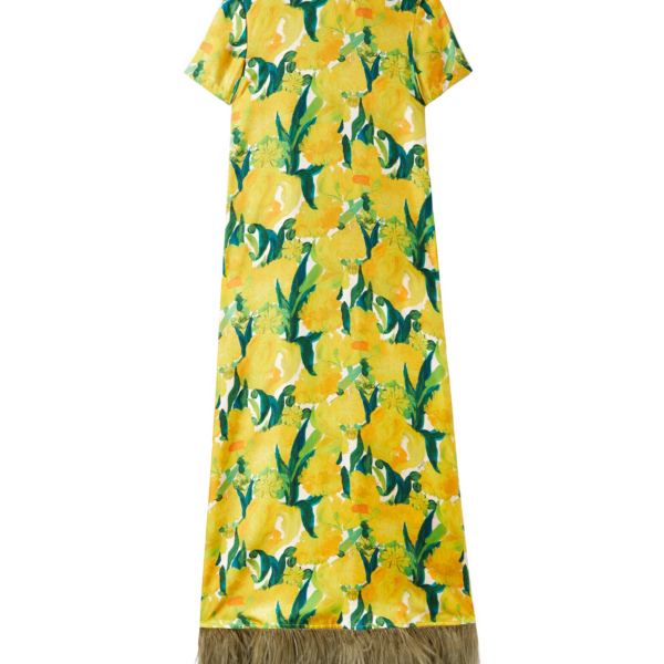 La DoubleJ Swing Dress Zesty Yellow in Silk Twill With Feathers - Dresses - Milanese Maximalist Fashion at Coveti