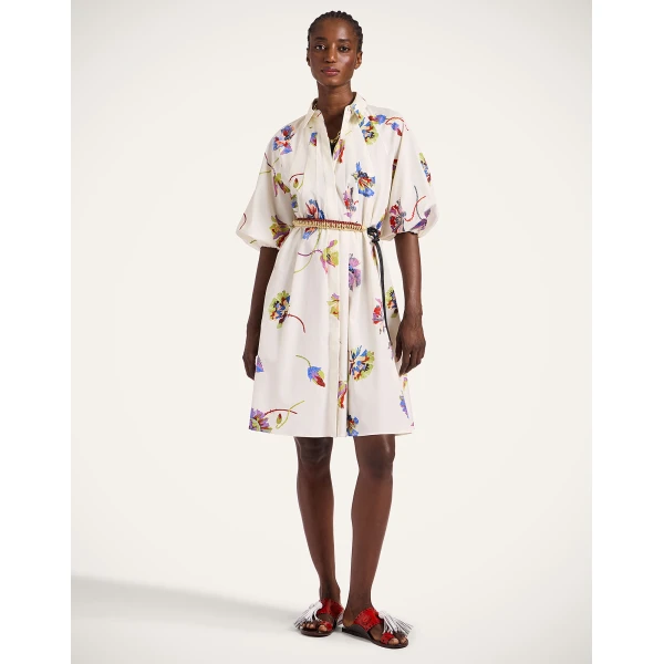 La DoubleJ Swing Dress Zooflora Placée Light Blue in Silk Twill With Feathers - Dresses - Milanese Maximalist Fashion at Coveti