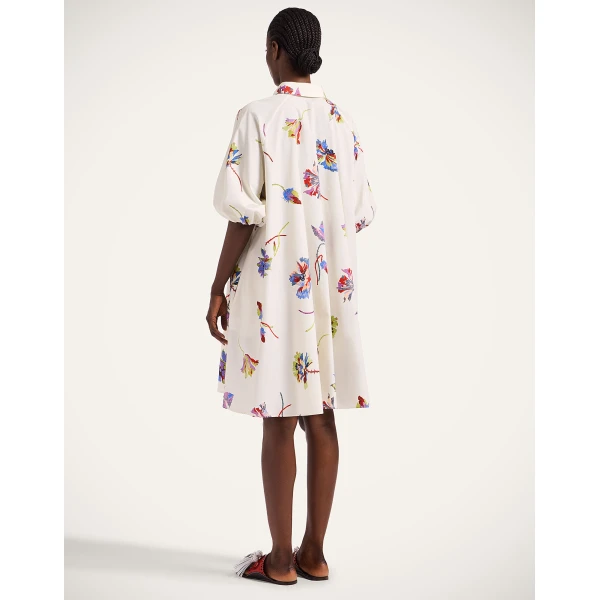La DoubleJ Swing Dress Zooflora Placée Light Blue in Silk Twill With Feathers - Dresses - Milanese Maximalist Fashion at Coveti