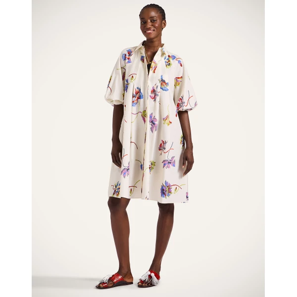 La DoubleJ Swing Dress Zooflora Placée Light Blue in Silk Twill With Feathers - Dresses - Milanese Maximalist Fashion at Coveti