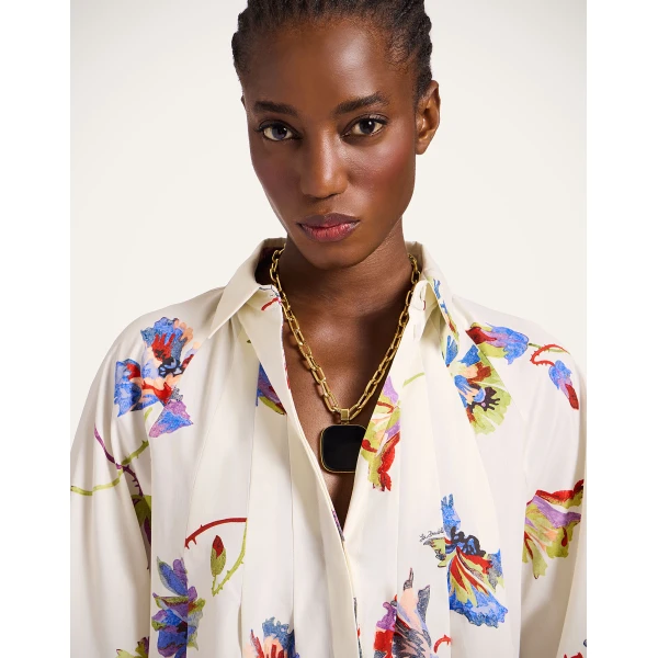 La DoubleJ Swing Dress Zooflora Placée Light Blue in Silk Twill With Feathers - Dresses - Milanese Maximalist Fashion at Coveti