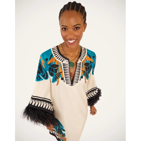 La DoubleJ The Kaftan Florence Placée Ivory in Silk Twill With Feathers -  - Milanese Maximalist Fashion at Coveti