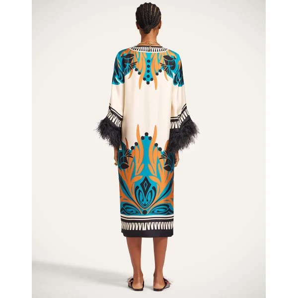 La DoubleJ The Kaftan Florence Placée Ivory in Silk Twill With Feathers -  - Milanese Maximalist Fashion at Coveti