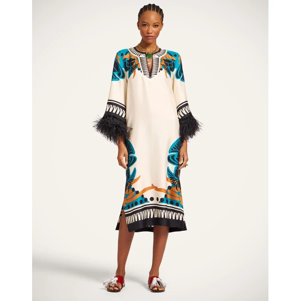 La DoubleJ The Kaftan Florence Placée Ivory in Silk Twill With Feathers -  - Milanese Maximalist Fashion at Coveti