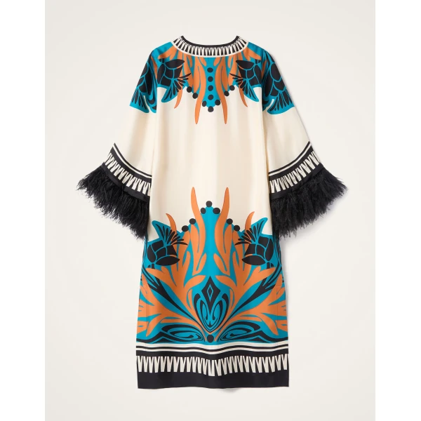 La DoubleJ The Kaftan Florence Placée Ivory in Silk Twill With Feathers -  - Milanese Maximalist Fashion at Coveti
