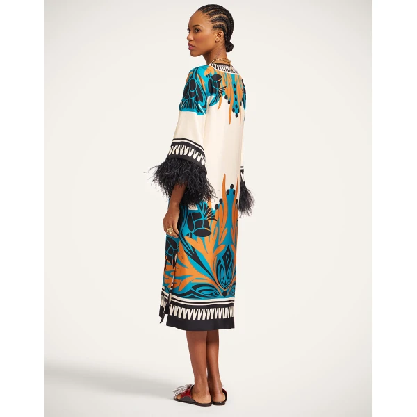 La DoubleJ The Kaftan Florence Placée Ivory in Silk Twill With Feathers -  - Milanese Maximalist Fashion at Coveti