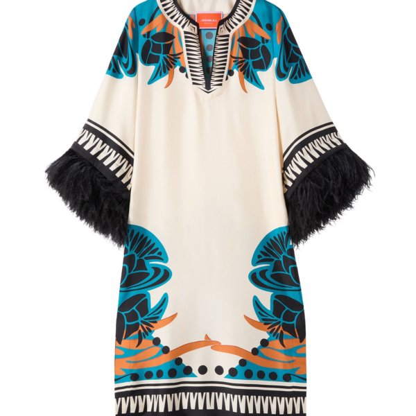 La DoubleJ The Kaftan Florence Placée Ivory in Silk Twill With Feathers -  - Milanese Maximalist Fashion at Coveti
