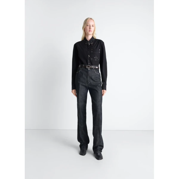 Lemaire High Waisted Straight Pants with Studs in Denim, view 3