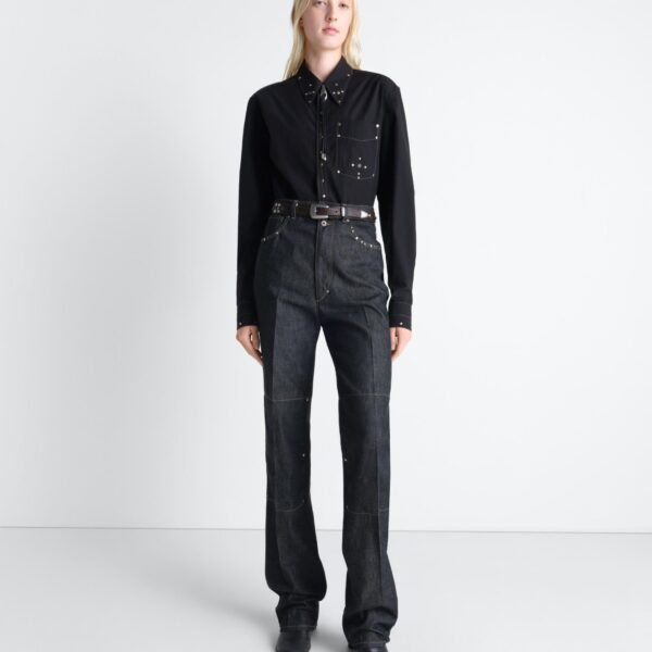 Lemaire High Waisted Straight Pants with Studs in Denim - Pants - Parisian Minimalist Luxury at Coveti