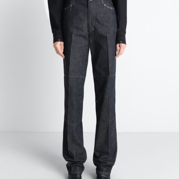 Lemaire High Waisted Straight Pants with Studs in Denim - Pants - Parisian Minimalist Luxury at Coveti
