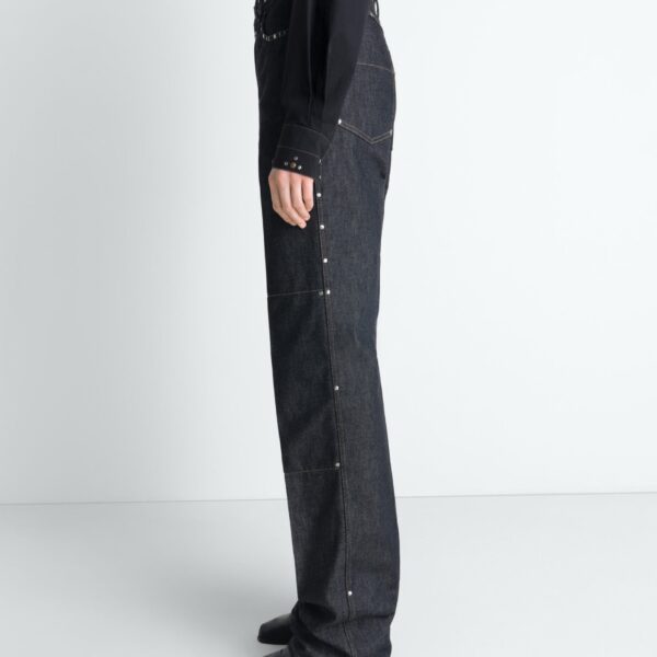 Lemaire High Waisted Straight Pants with Studs in Denim - Pants - Parisian Minimalist Luxury at Coveti