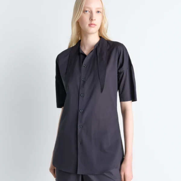 Lemaire Short Sleeve Shirt with Foulard in Washed Cotton Muslin - Tops - Parisian Minimalist Luxury at Coveti