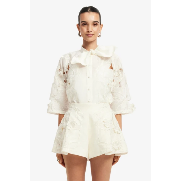 Leo Lin Brooklyn Appliqué Bow Puff Sleeve Top - Leo Lin Dress - Australian Luxury Fashion - Shop at Coveti