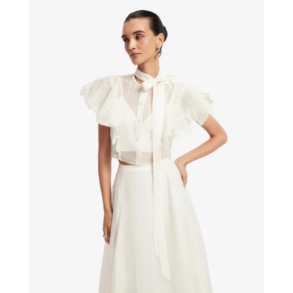 Leo Lin Jasmine Appliqué Flutter Sleeve Top - Leo Lin Dress - Australian Luxury Fashion - Shop at Coveti