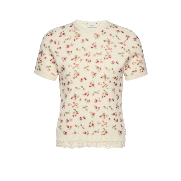 Magda Butrym Floral short-sleeve top with lace trim in cream
