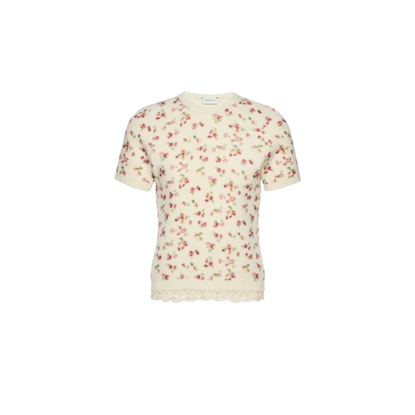 Magda Butrym Floral short-sleeve top with lace trim in cream