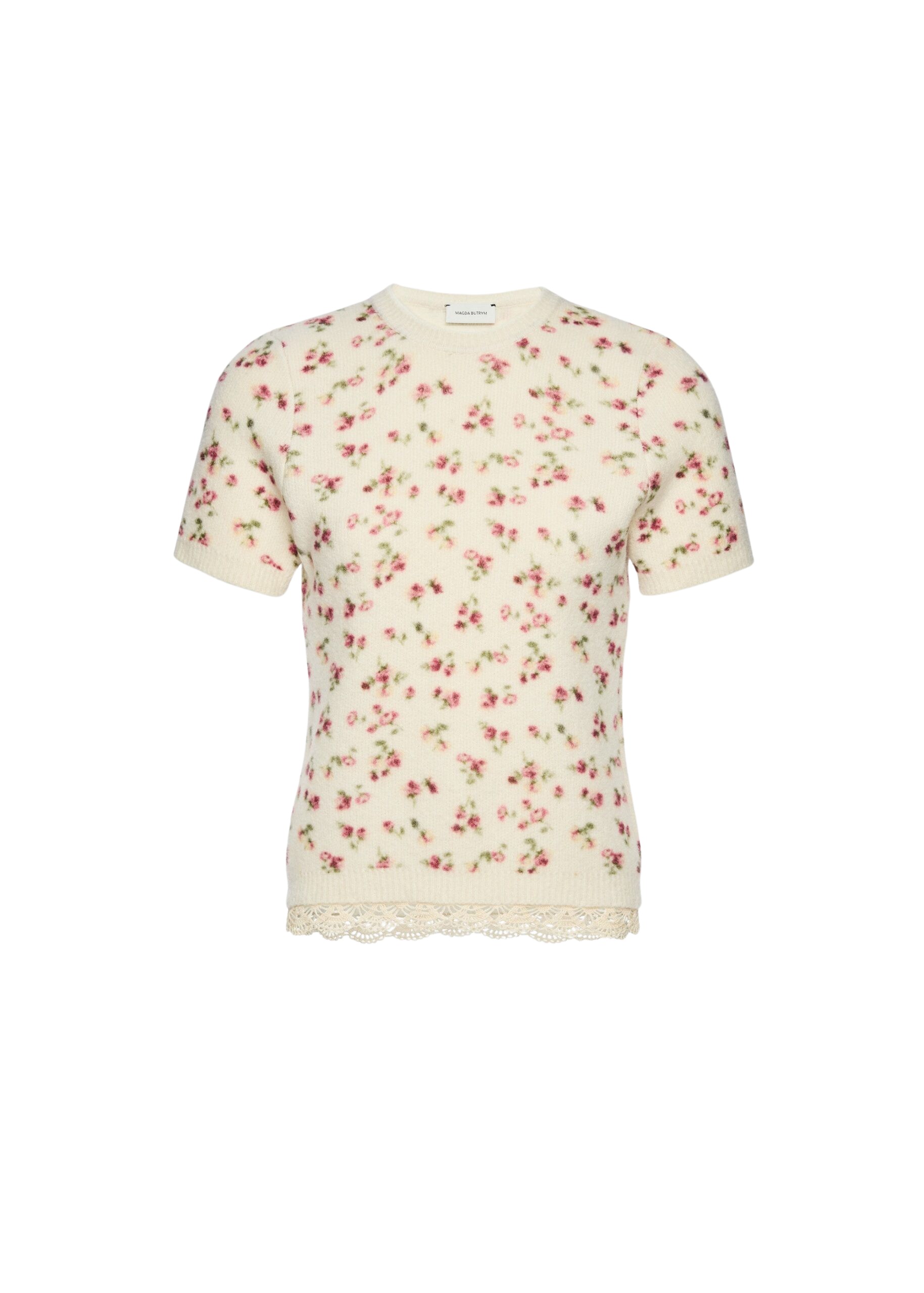 Magda Butrym Floral short-sleeve top with lace trim in cream