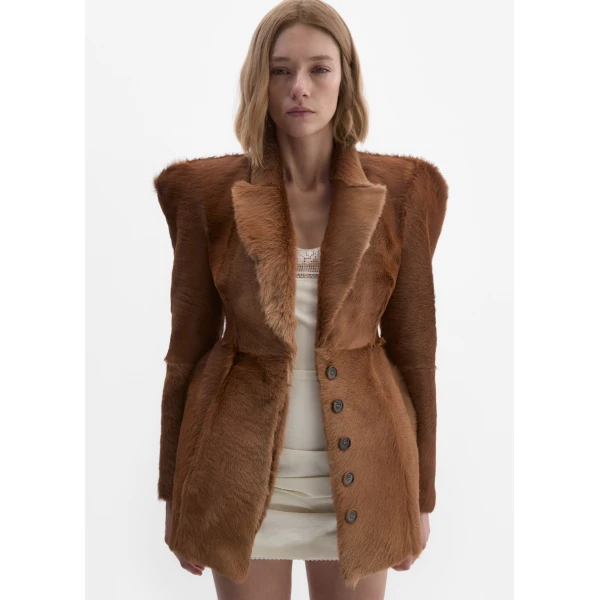 Magda Butrym Hourglass fur-effect blazer in light brown, view 3