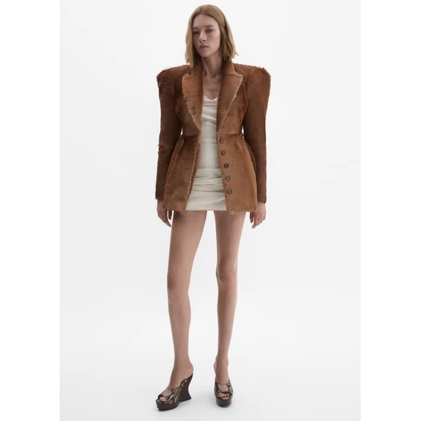 Magda Butrym Hourglass fur-effect blazer in light brown, view 4