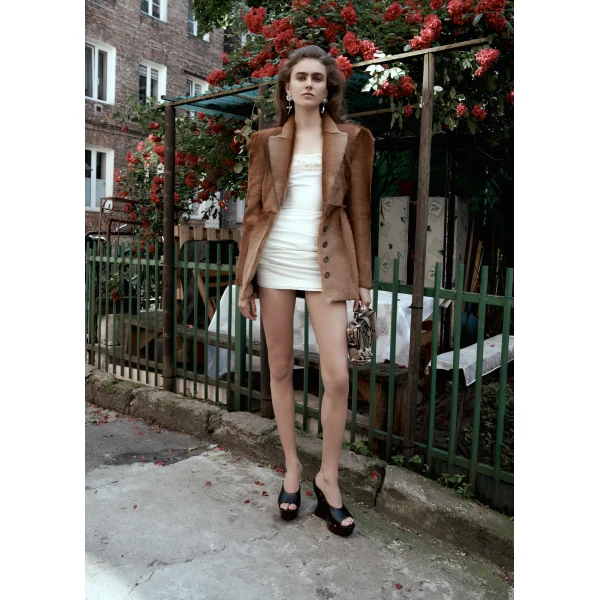 Magda Butrym Hourglass fur-effect blazer in light brown, view 5