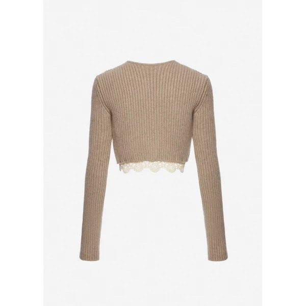 Magda Butrym Long-sleeve crochet-trim cropped cardigan in beige, view 2